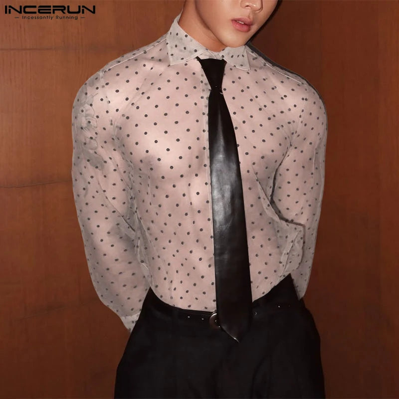 INCERUN Men Shirt Polka Dot Printing Lapel Long Sleeve
