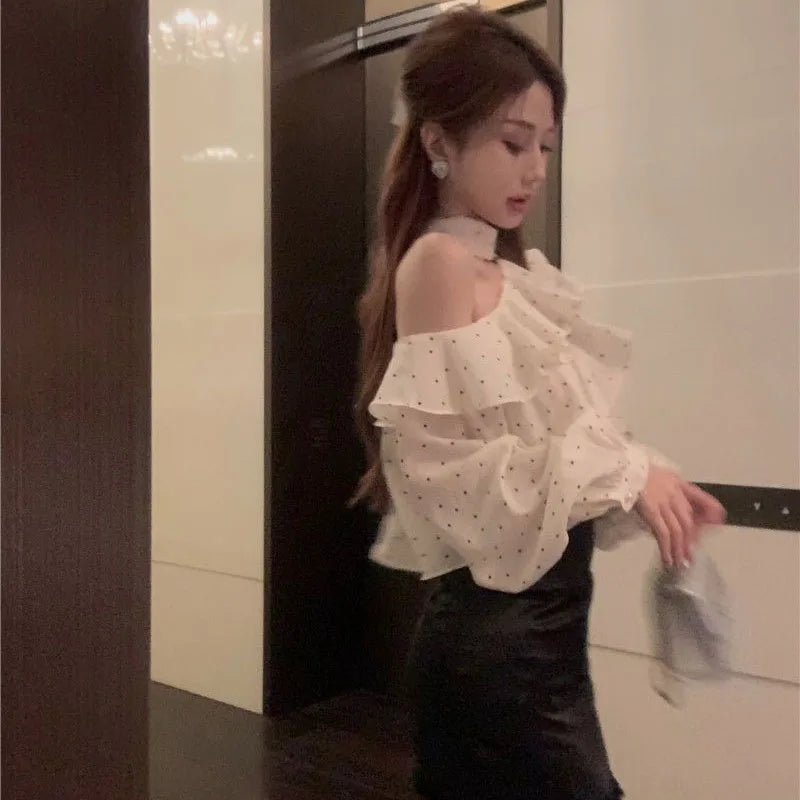 French Style Halter Neck Polka Dot Chiffon Ruffle Blouses