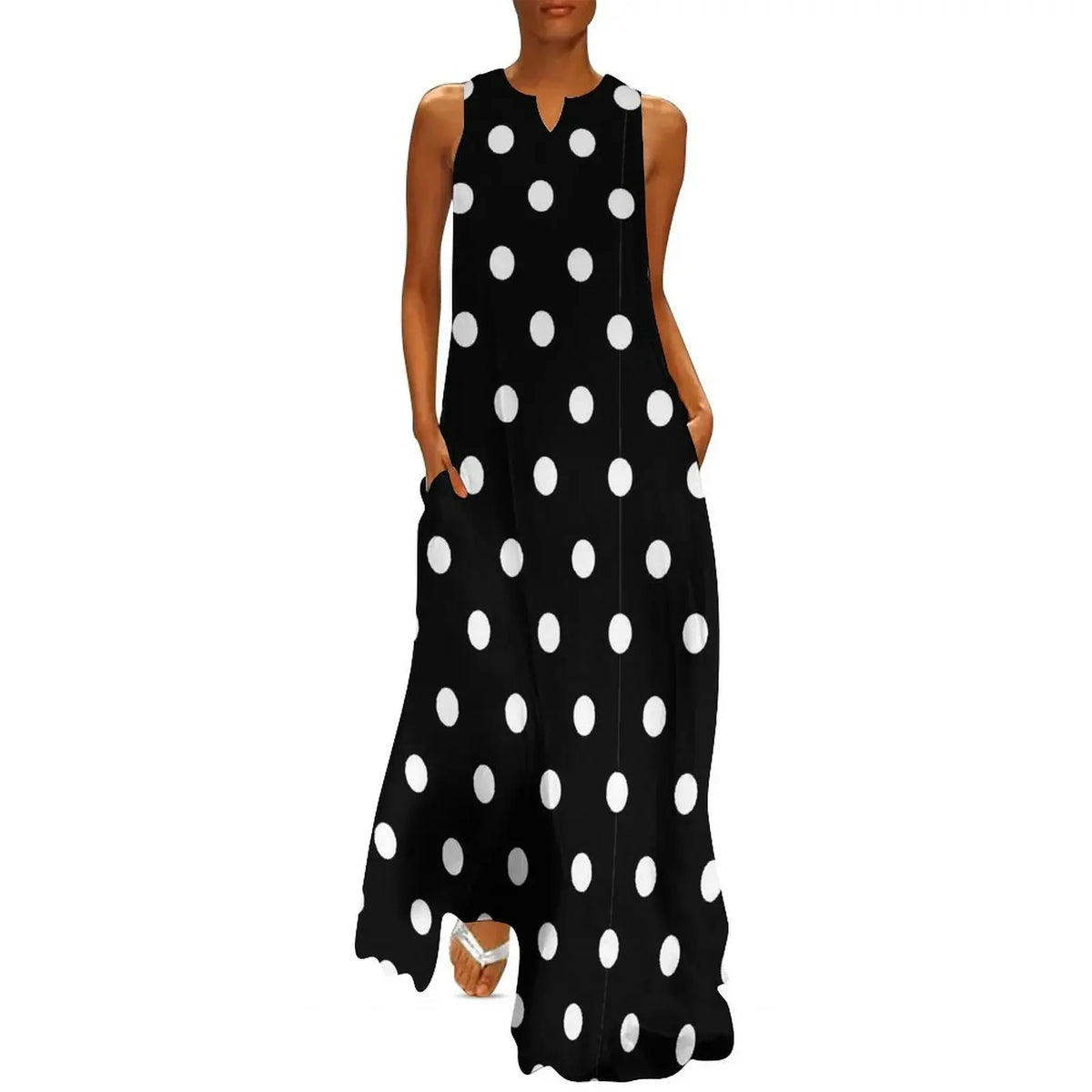 Red And White Polka Dots Print Women Dress  Elegant Maxi Dress V-Neck