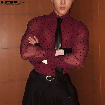 INCERUN Men Shirt Polka Dot Printing Lapel Long Sleeve