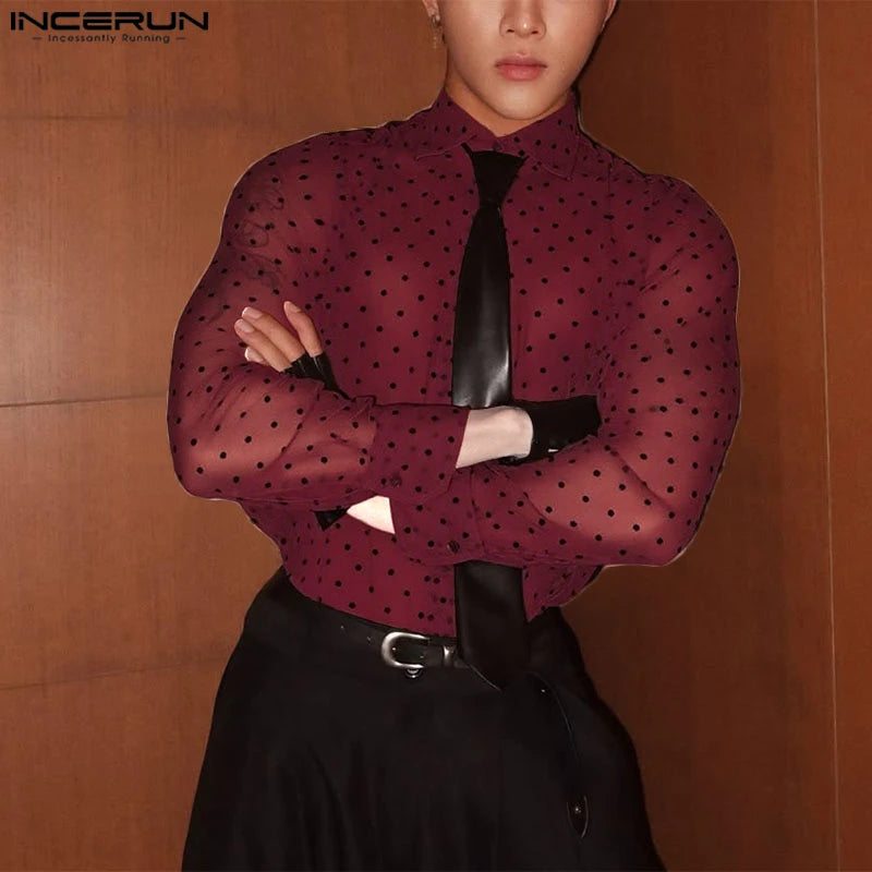 INCERUN Men Shirt Polka Dot Printing Lapel Long Sleeve