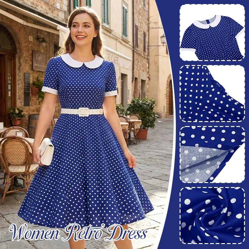  50 60s Women Retro Lapel Polka Dot Dress With Belt Rockabilly Evening Party Cocktail Elegant Lady Clothes Dress