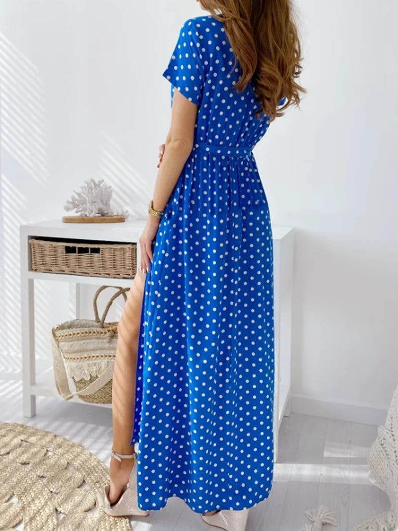 Women's Fashionable Printed Polka Dot Deep V-neck Casual Dress with Bat