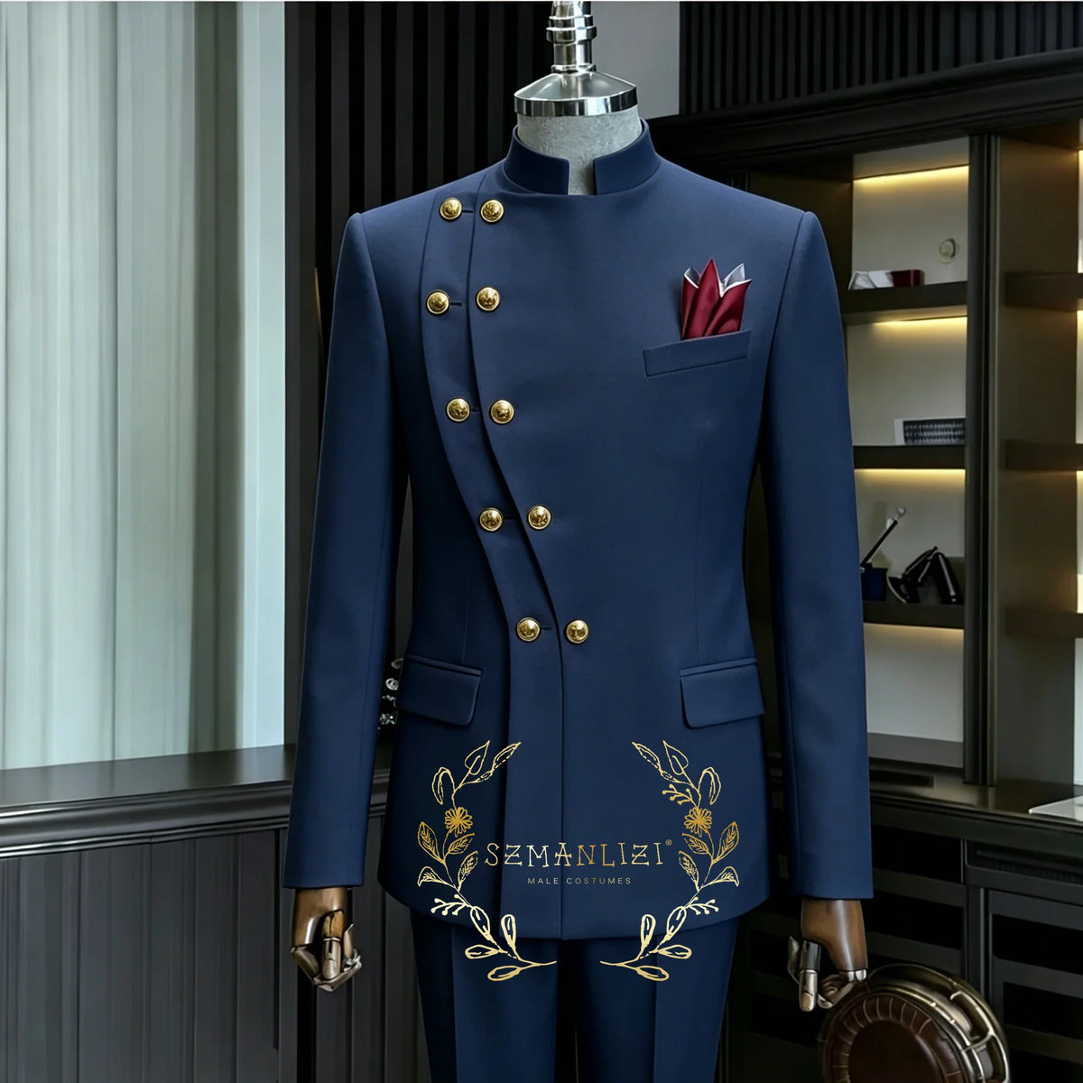 Men's Stand Collar 2-Piece Suit (Blazer + Pants)