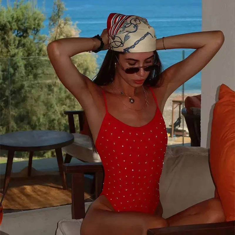 One-piece Swimsuit Suspender Design Red Polka Dot