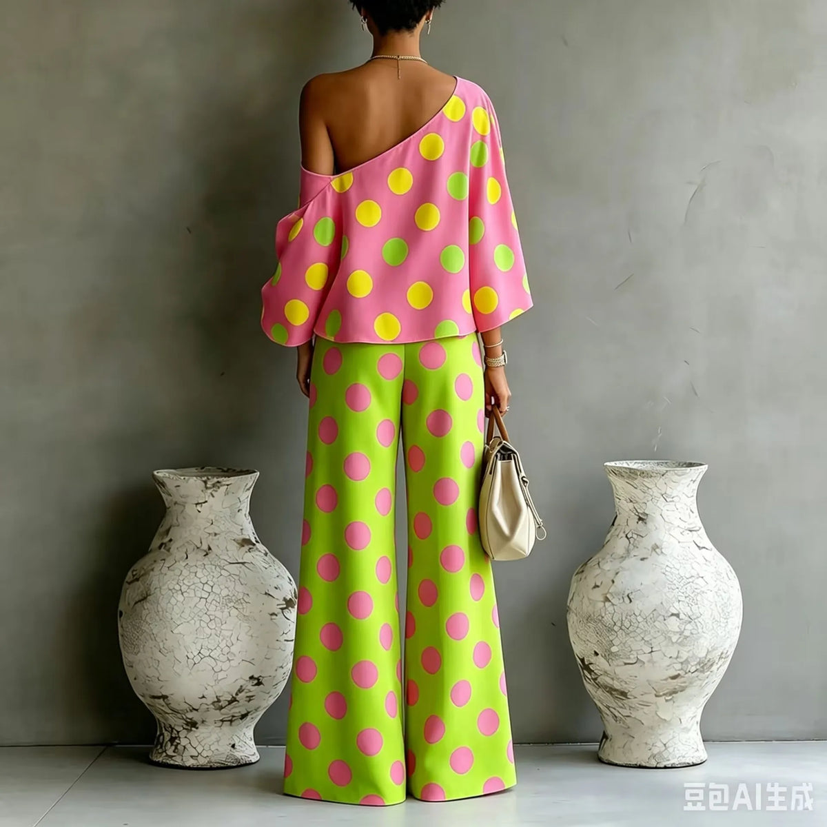Women Summer Color Wave Point Two Piece Set Slant Shoulder Open Back Top+High Waist