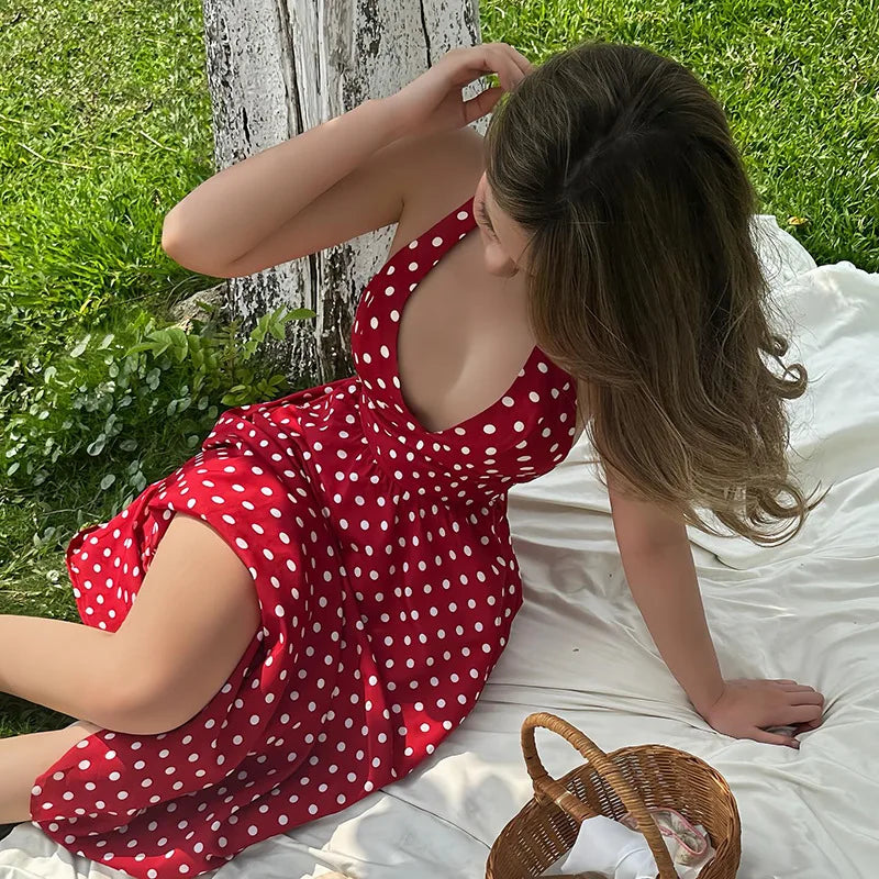Sexy Deep V-neck Red Polka Dot Hanging Neck Dress