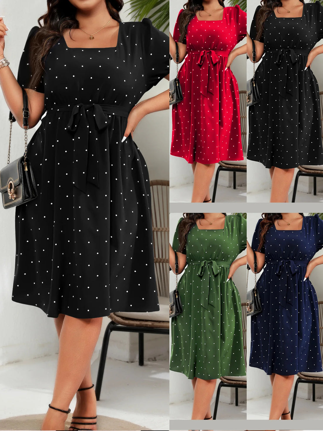 Women's Elegant Retro Polka Dot Dress European American Plus Size Waist Cinched Lace Up Square Neck Big Swing Dresses with Belt