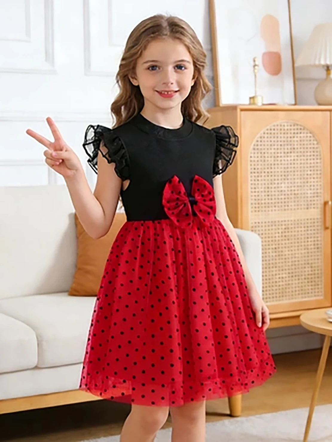 Girls' Black and Red Polka Dot Princess Dress, Summer Flutter Sleeve Bow Tulle Skirt