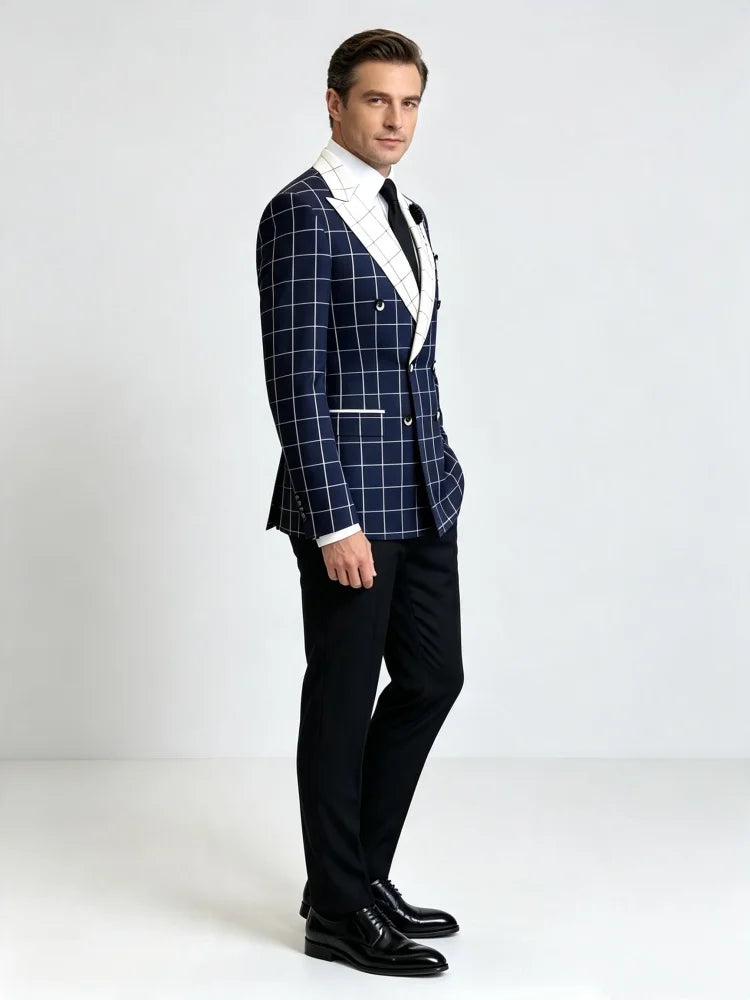 Men Casual Business Slim Fit Windowpane Plaid Blazer Double Breasted White Peak Lapel Formal Wedding Groom Party Suit Jacket