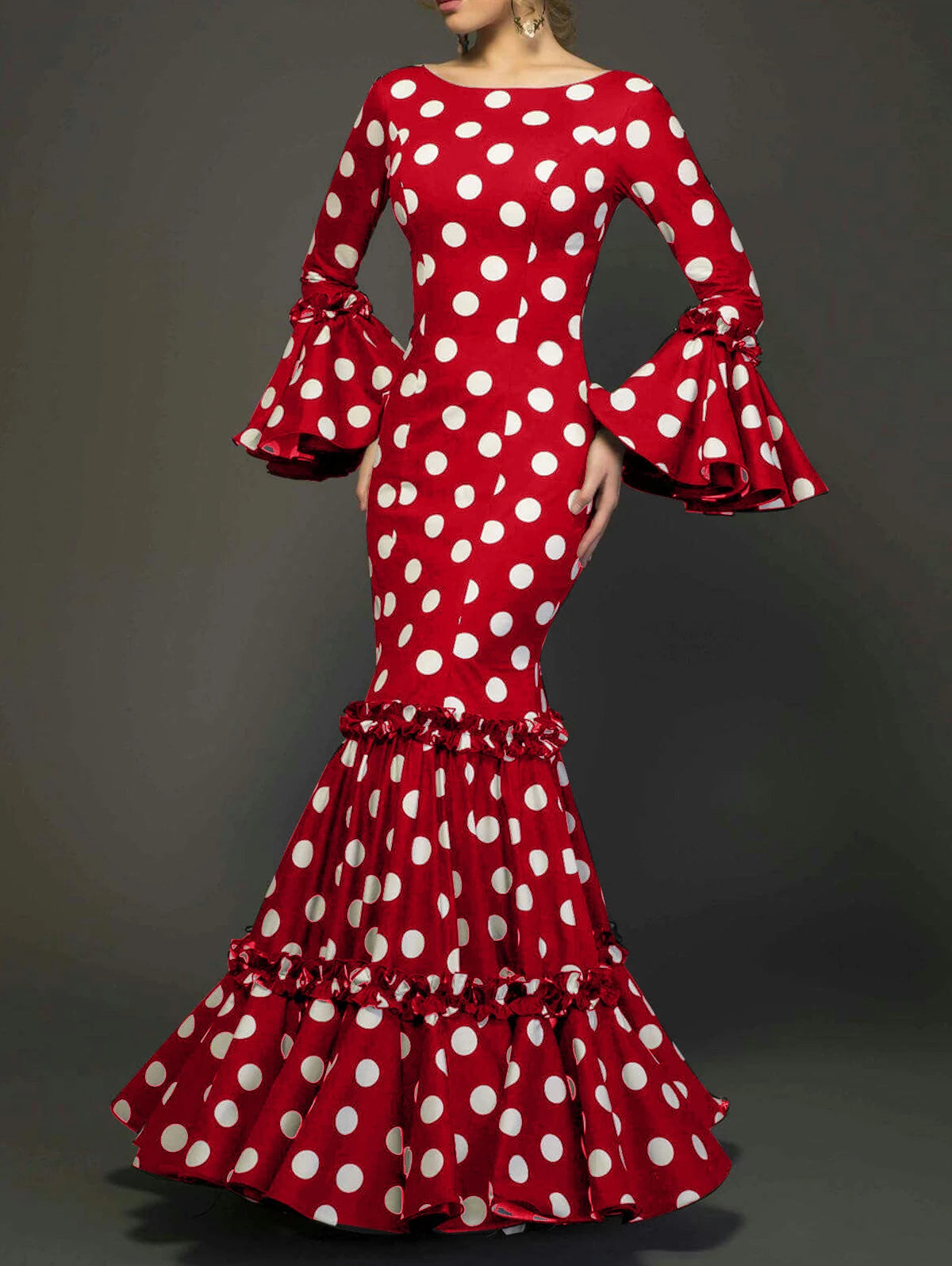 Elegant Ladies Dress Fashionable Trumpet Sleeves Polka Dot Decoration