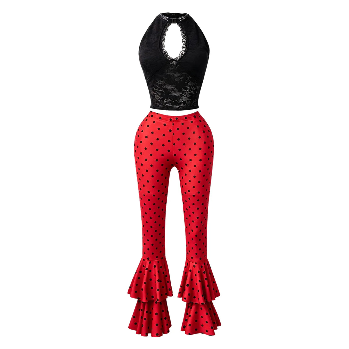 Chic Women Polka Dot Print Two Piece Set Sexy Lace Hole Crop Top+Bodycon