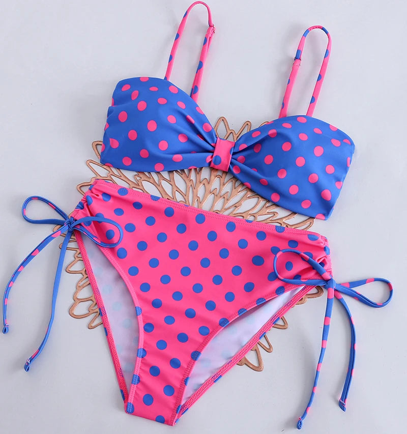 Sexy Women's Swimsuit Polka Dot Bandeau Bikinis Set Low Waist