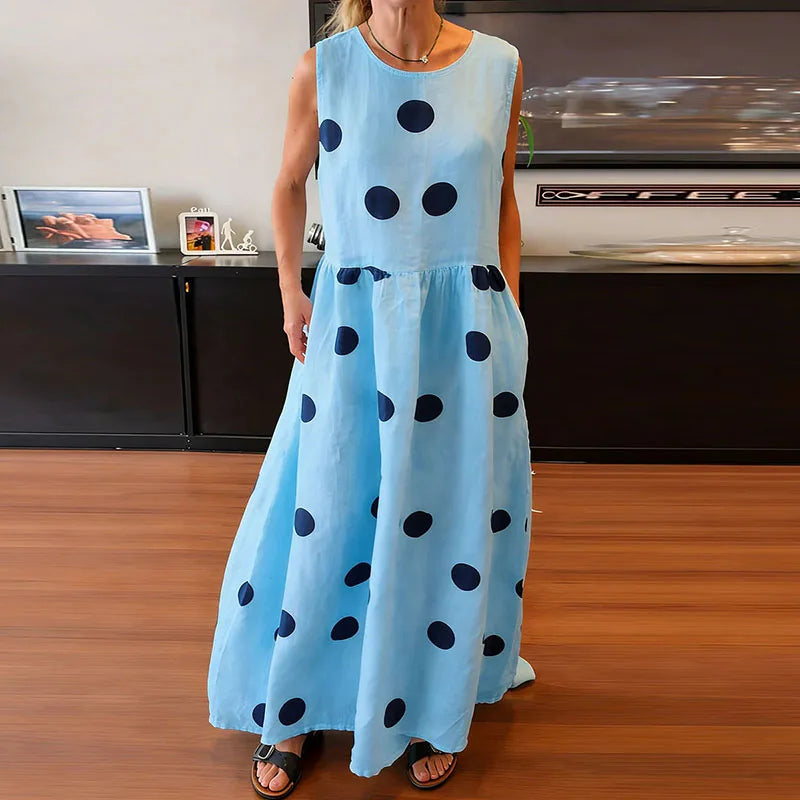 Fashion Polka Dot Printed Draped Maxi Dress Casual Cotton