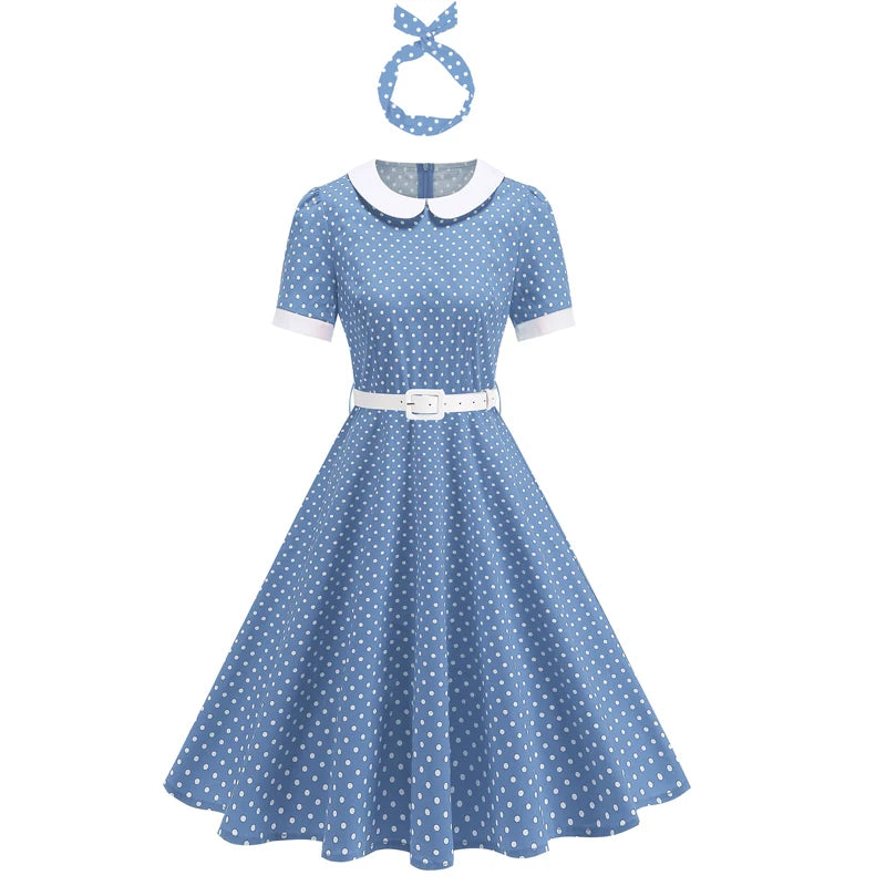 Women Retro Lapel Polka Dot Dress With Belt Rockabilly Evening Party Cocktail