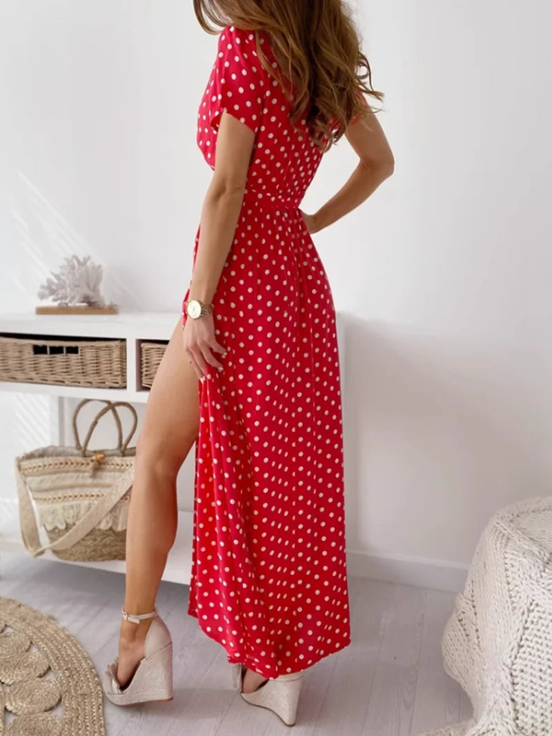 Women's Fashionable Printed Polka Dot Deep V-neck Casual Dress with Bat