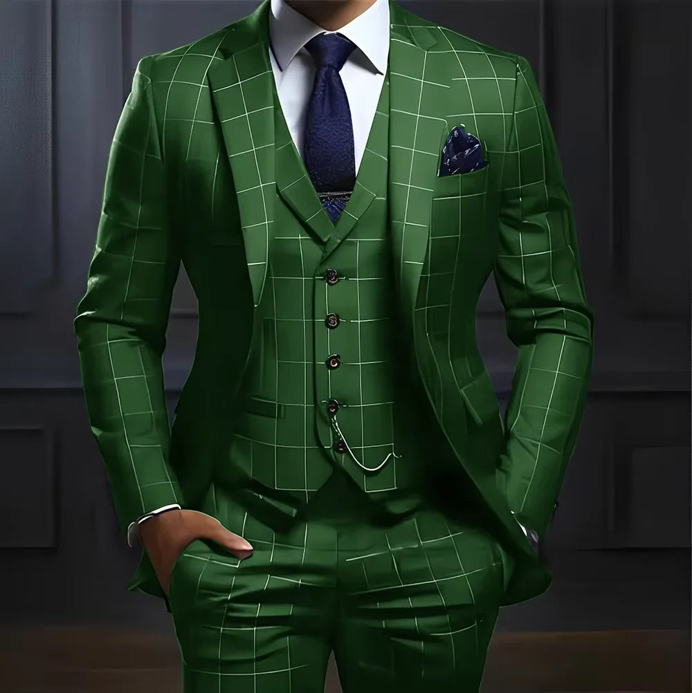 Customized Navy Blue Plaid Men Suits Business Male Blazers Slim Fit Notched Lapel Groom Tuxedos 3 Pcs Sets Handsome Ropa Hombre