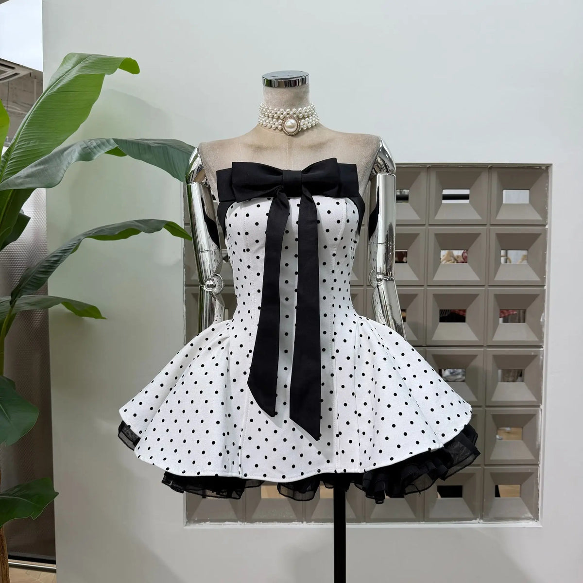Women Sexy Strapless Backless Polka Dot Bow A Line Dress Party