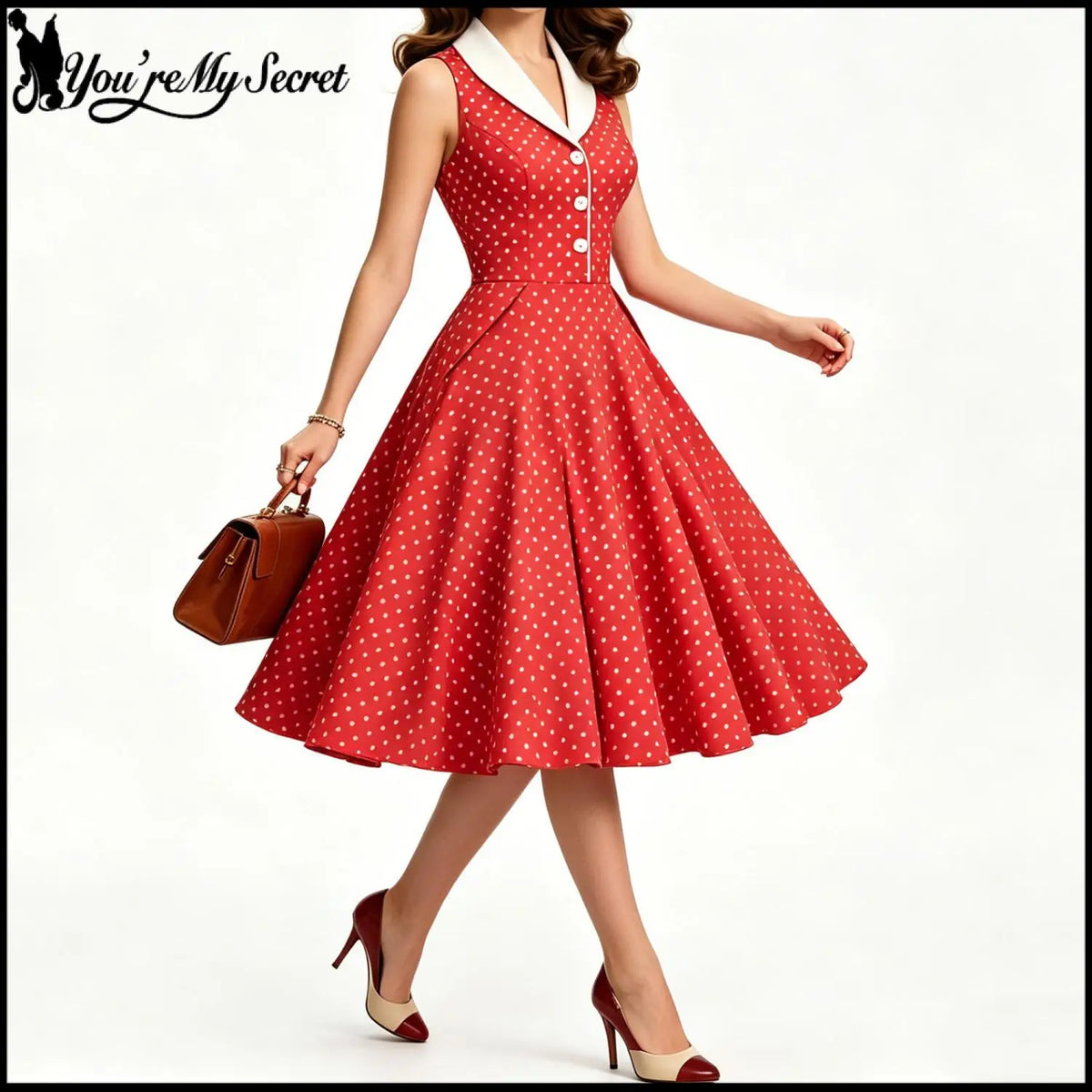 Women 1950s Vintage Polka Dot Swing Dress Contrast White Lapel Sleeveless