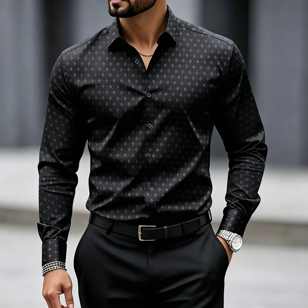 High end black fine geometric polka dot shirt for men slim fit long sleeved business suit