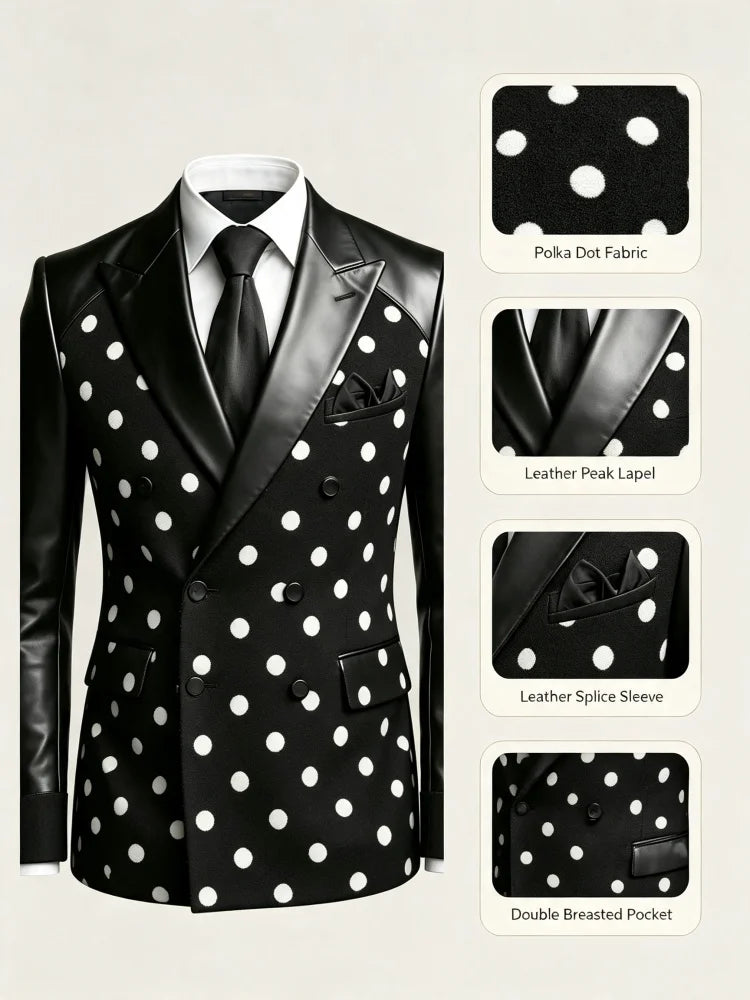 Mens Polka Dot Spliced Double Breasted Tuxedo Jacket Faux Leather Lapel