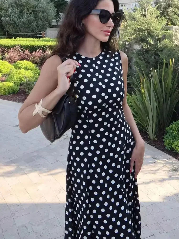 HH Women Polka Dots Print Summer Midi Dress O-Neck Sleeveless Rear Zipper Sexy Dress Female Fashion Slim Beach Party Dress