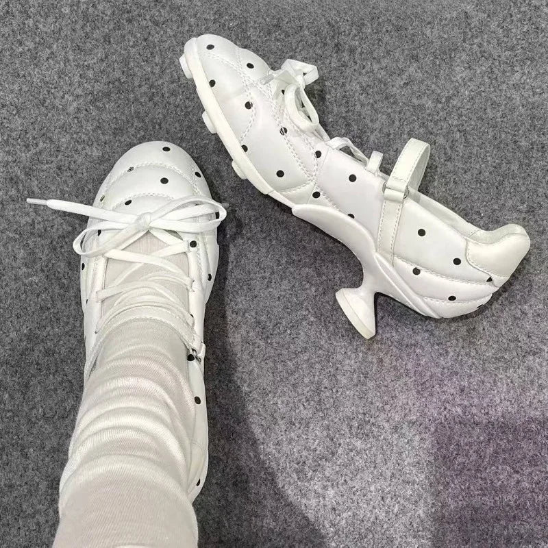 Polka Dot Cross Lace Up Sports Ballet Women Strange Heel Designer Heels for Women Round Toe Low Heel Mary Jane Shoes Women