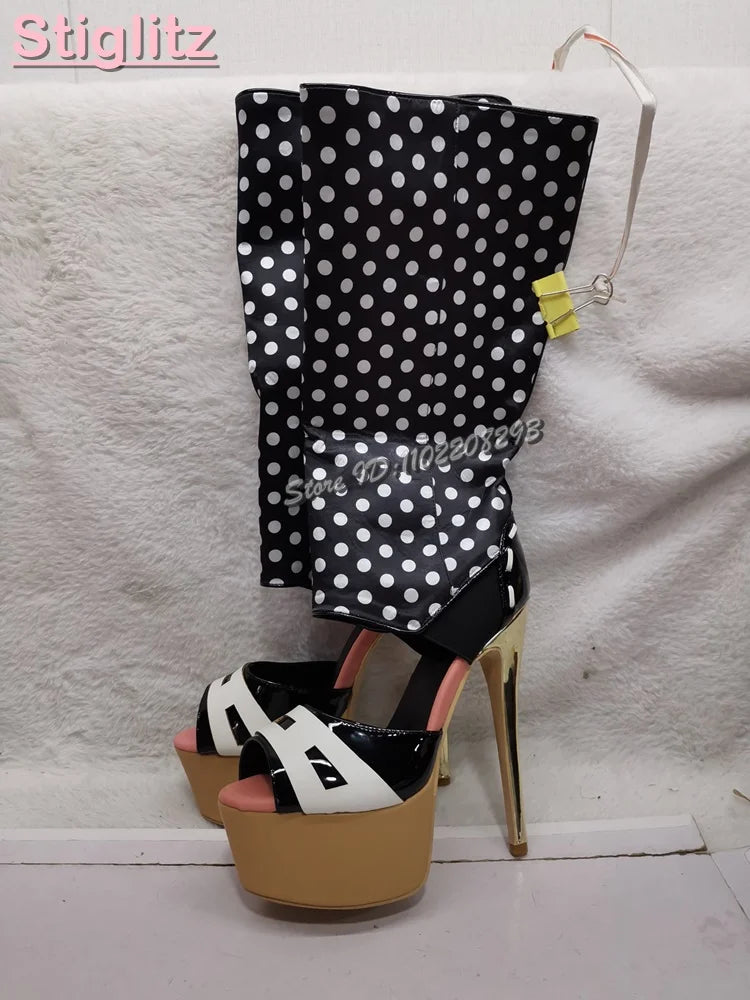 Sexy Polka Dots Knee-high Sandals Patchwork Leather Peep Toe Metal Heel