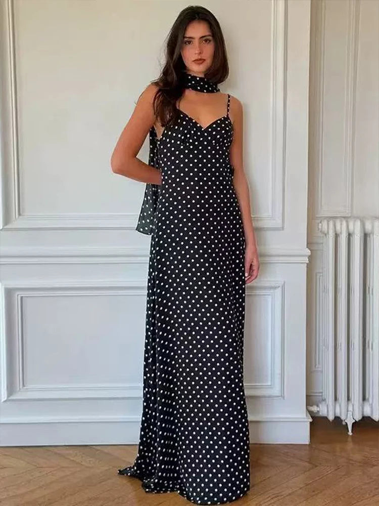 Summer Dresses Women's Polka Dot Long Dress Scarf Ribbon Ruffle Halter