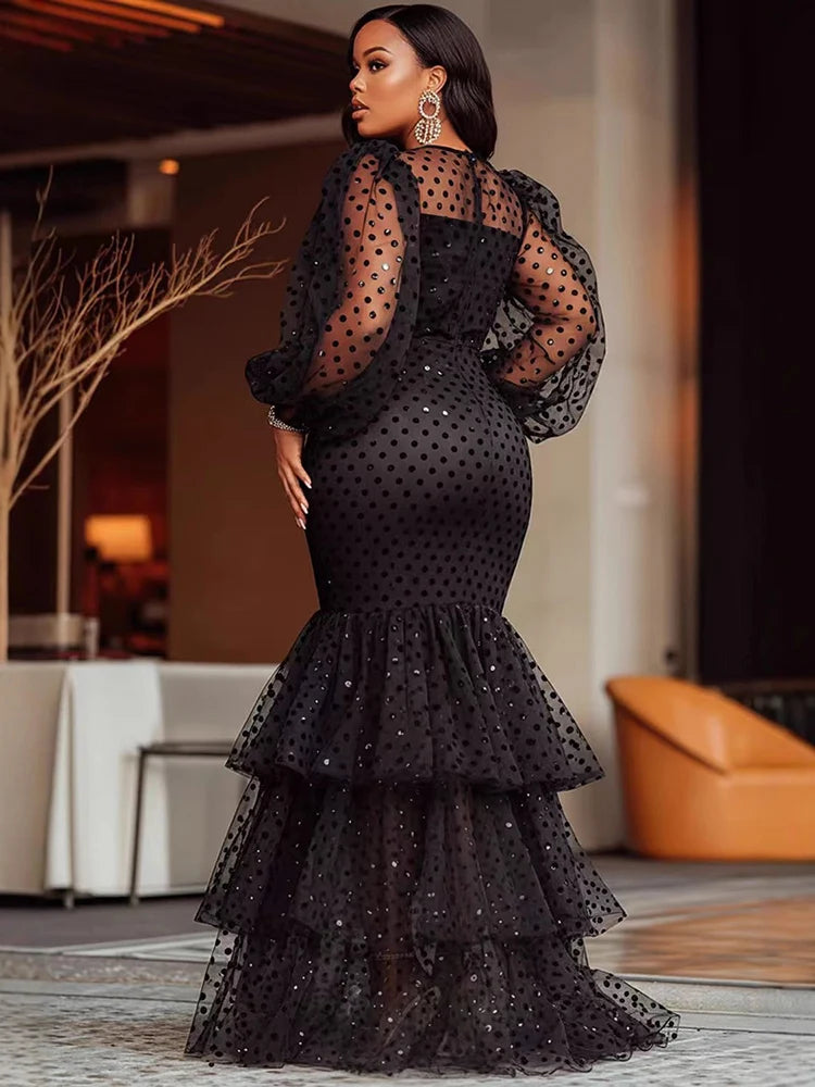 Women's Plus Size Polka Dots Evening Dress Crew Neck Mesh Sheer Prom