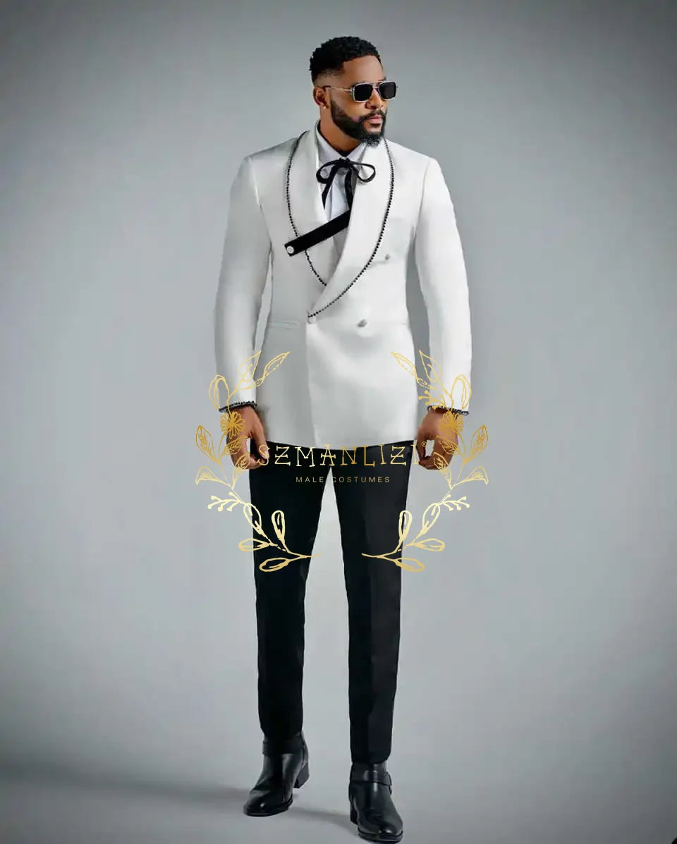 Latest Design Men's Suit Houndstooth Jacket Black Pants 2 Pieces Double Breasted Slim Fit Formal Wedding Tuxedos Evening Dress