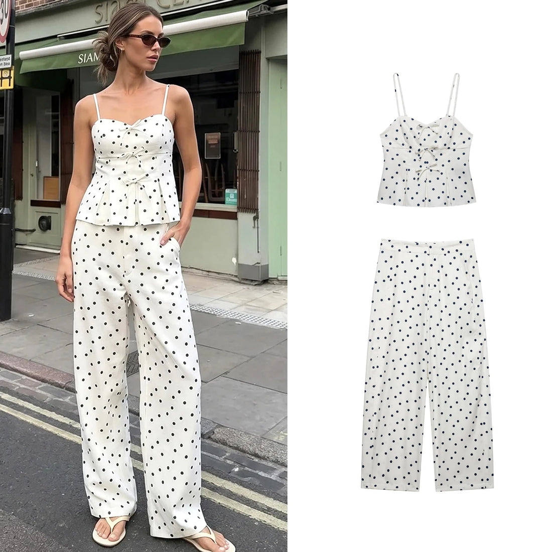 Women's Summer Polka Dots Pants Suit Set Female Front Placket Lace-Up Sexy Camison Top Lady Casual Bucket Long Trousers