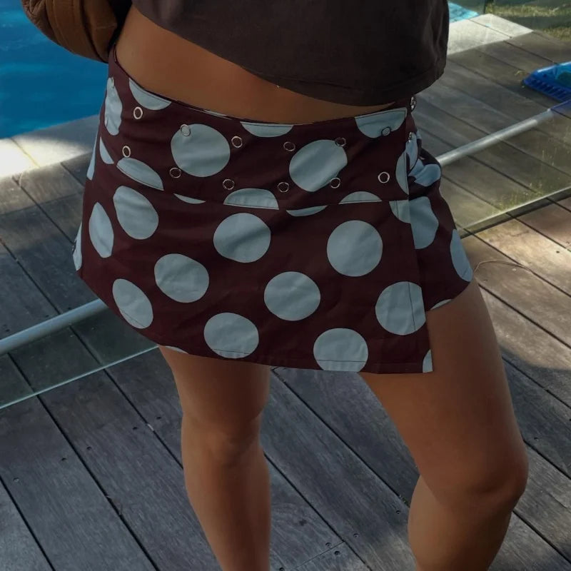 Women Polka Dot Skirt Mid Rise Reversible Wrap Skirts