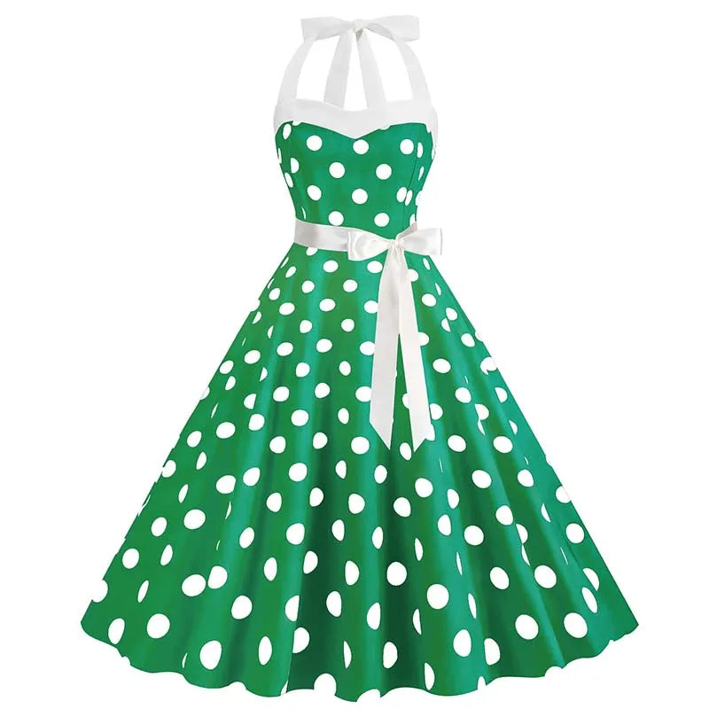 Women Summer Party Dress With Belt Polka Dot Print Halter Hepburn