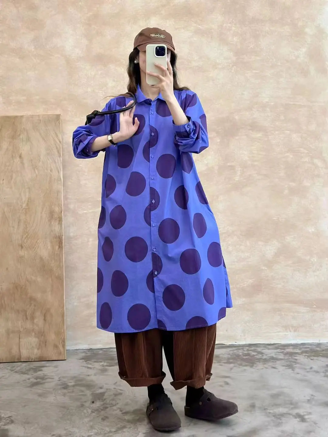Bust pure cotton polka dot print shirt dress for women Japan style