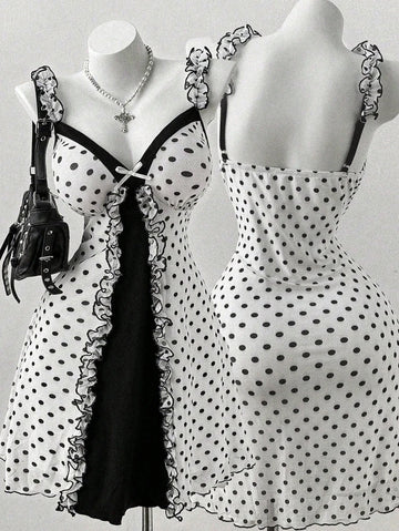Plus Size Y2K Polka Dot Dress, Ruffle Trim Bow Front Cami Mini Dress