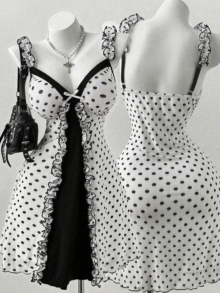 Plus Size Y2K Polka Dot Dress, Ruffle Trim Bow Front Cami Mini Dress