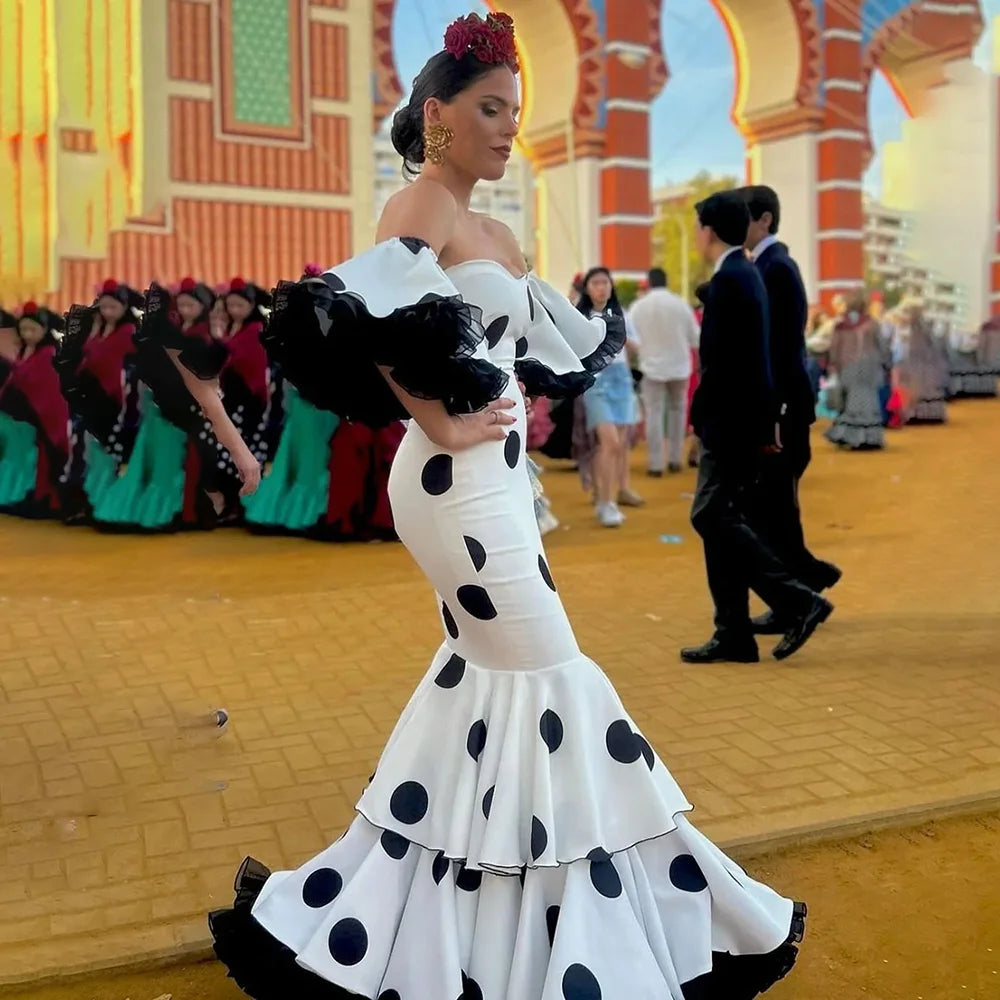 Customized Modern Evening Dress Long Sleeves Polka Dot Spanish Prom