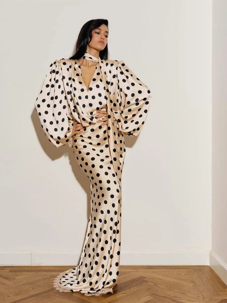 Polka Dot Skirt 2 Piece Set Women Elegant Scarf Long Sleeve