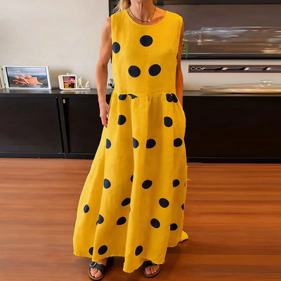 Fashion Polka Dot Printed Draped Maxi Dress Casual Cotton