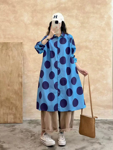 Bust pure cotton polka dot print shirt dress for women Japan style