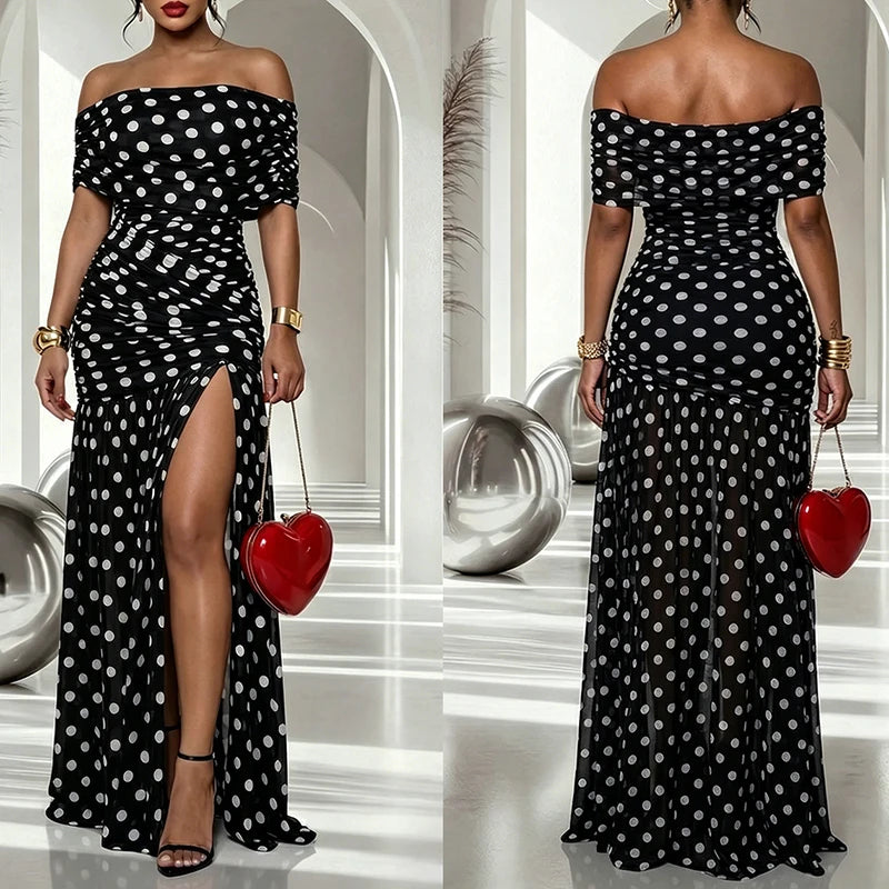 Polka Dot Mesh Off-Shoulder Pleated Party Dress