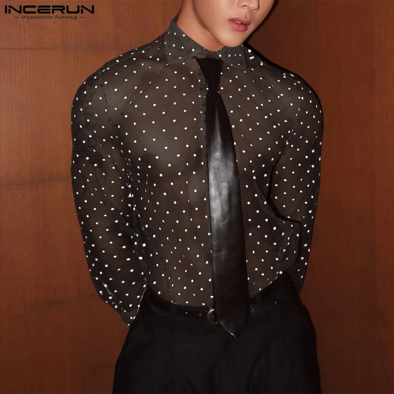 INCERUN Men Shirt Polka Dot Printing Lapel Long Sleeve