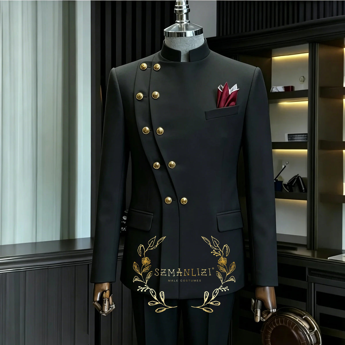 Men's Stand Collar 2-Piece Suit (Blazer + Pants)