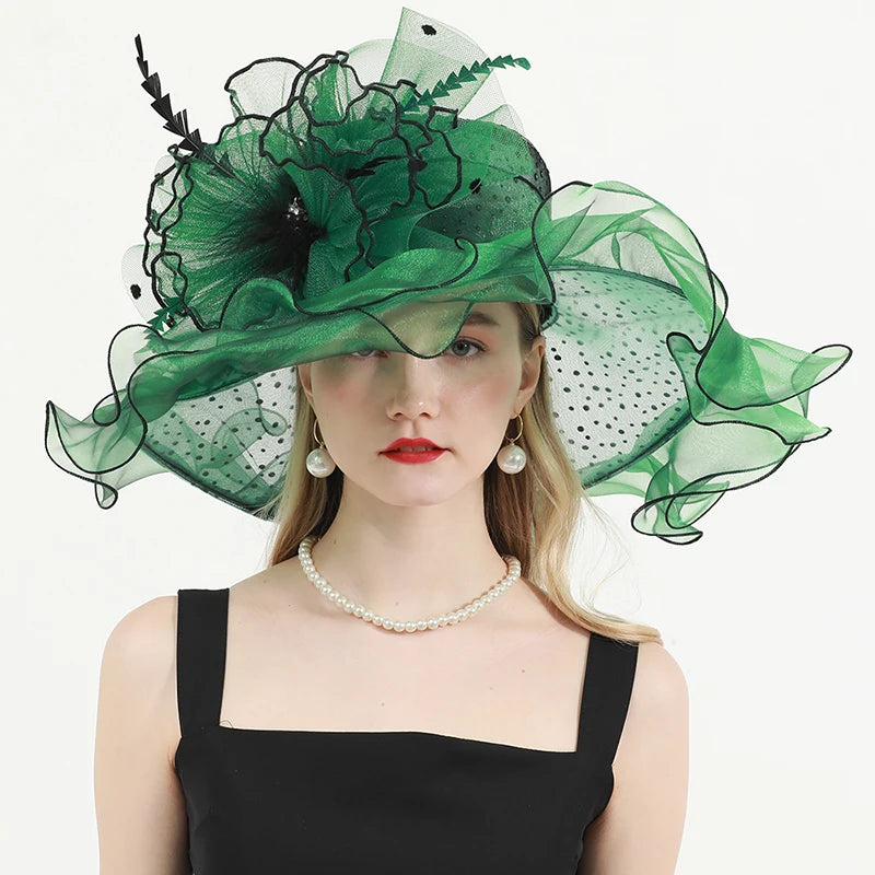 FS Green Kentucky Derby Hat Women Organza Polka Dot Visor Cap