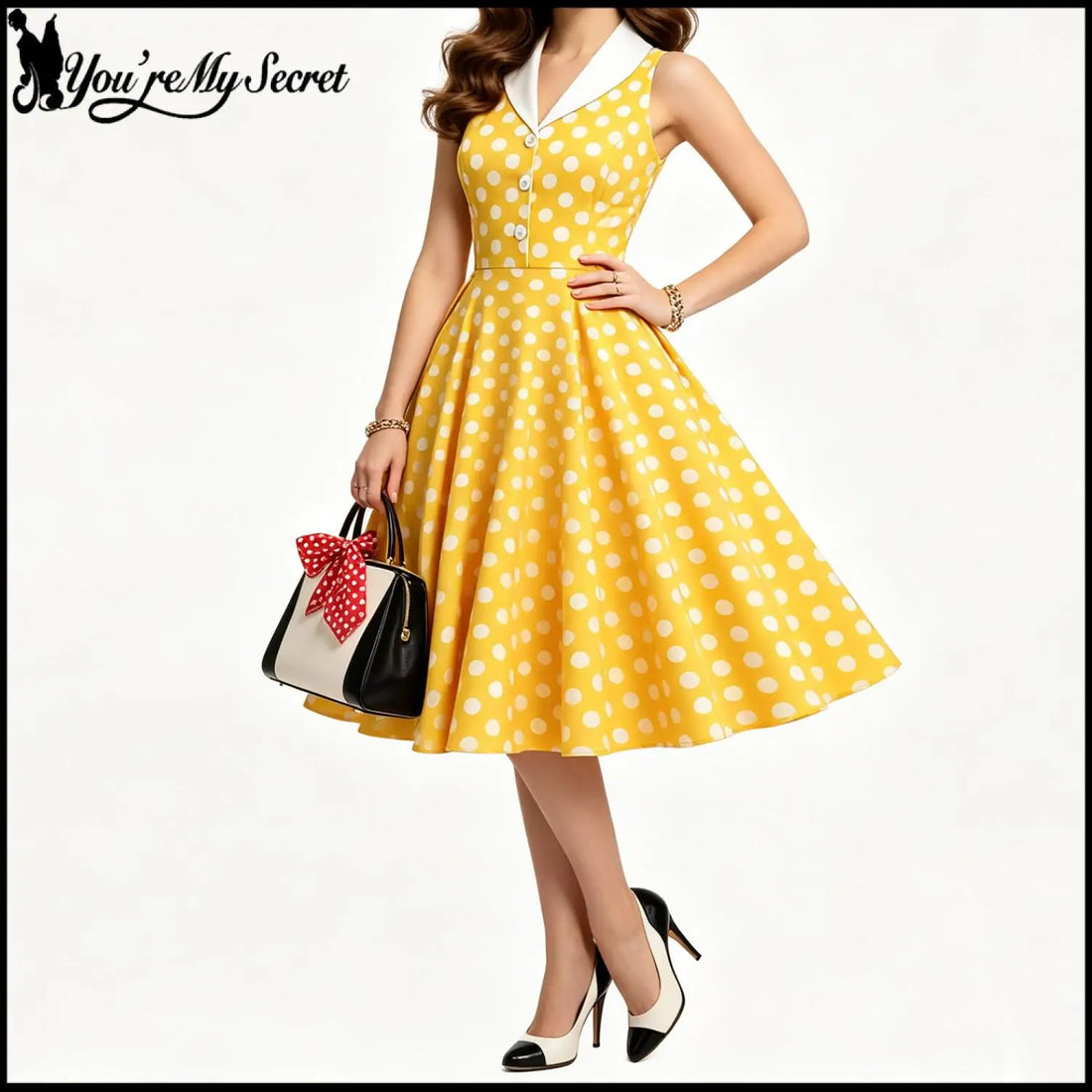 Women 1950s Vintage Polka Dot Swing Dress Contrast White Lapel Sleeveless