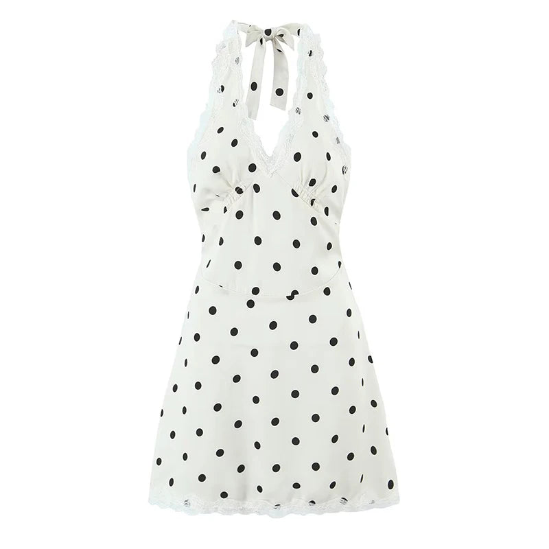 YENKYE Lace Spliced Polka Dot Halter Dress Women