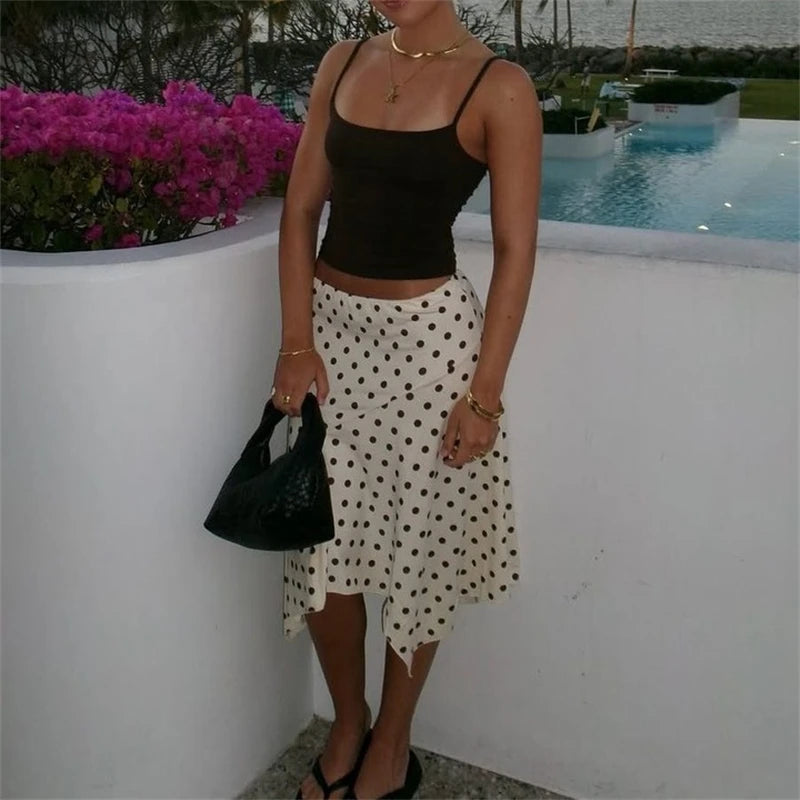 Women's Polka Dot Midi Skirt High Waist Ruffle Beach