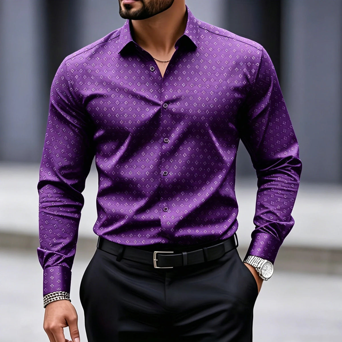 High end black fine geometric polka dot shirt for men slim fit long sleeved business suit