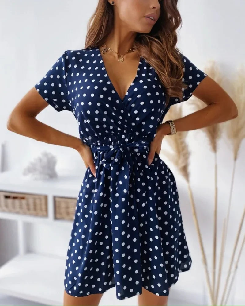Summer Women's Polka Dot Printed Short Sleeved Casual Dress Fashionable V-neck